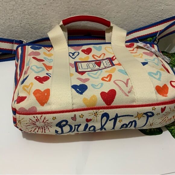 NWT Brighton Red White and You Mini Tote Bag Canvas With Hearts and Love Strap - Picture 11 of 12